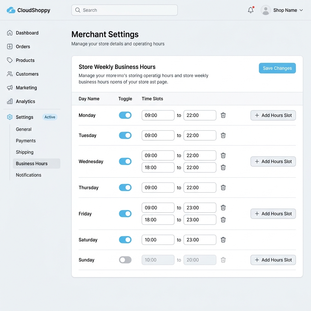 Store Timing & Weekly Business Hours Dashboard Screen